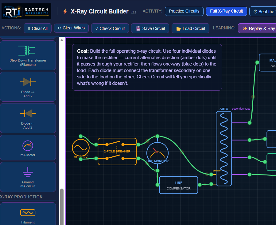 X-Ray Circuit Builder showing the interactive x-ray circuit workspace
